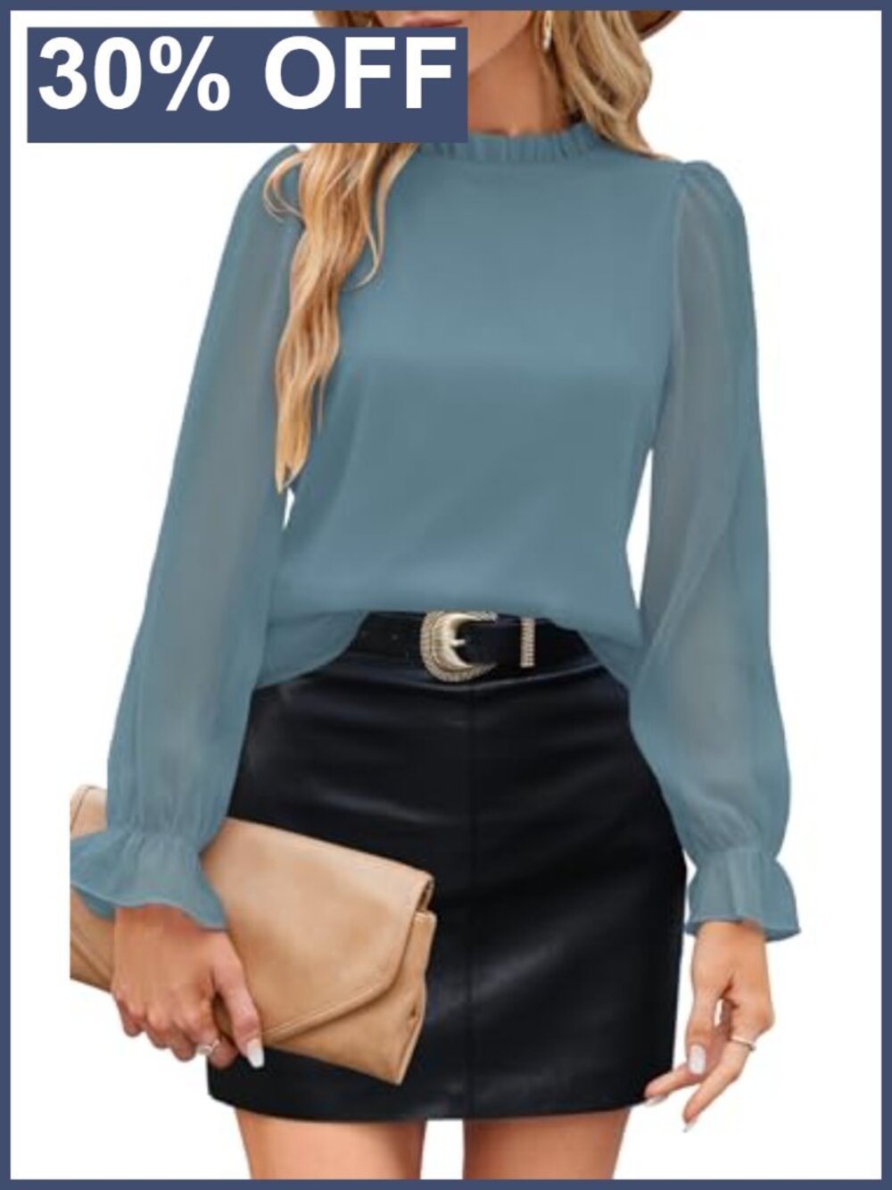 Womens Mock Neck Ruffle Cuff Blouse Business Casual Long Sleeve Top